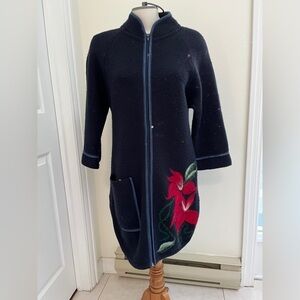 Sweater coat ladies size medium with flower details.